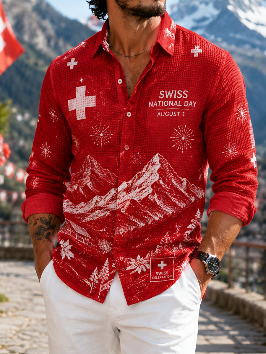 Herren-Hemd mit Nationalflaggen-Print und Waffelstruktur, langärmlig