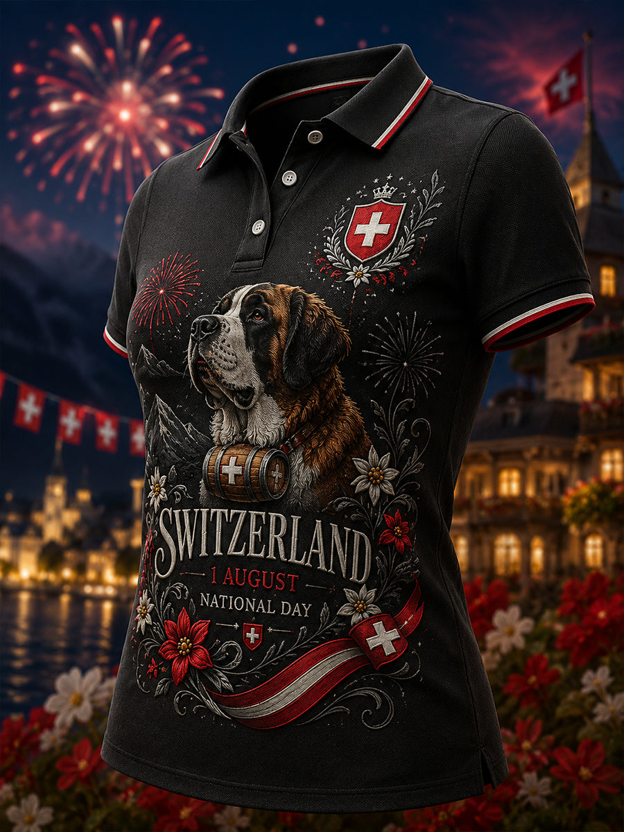 Damen-Poloshirt mit kurzen Ärmeln und Aufdruck zum Nationalfeiertag