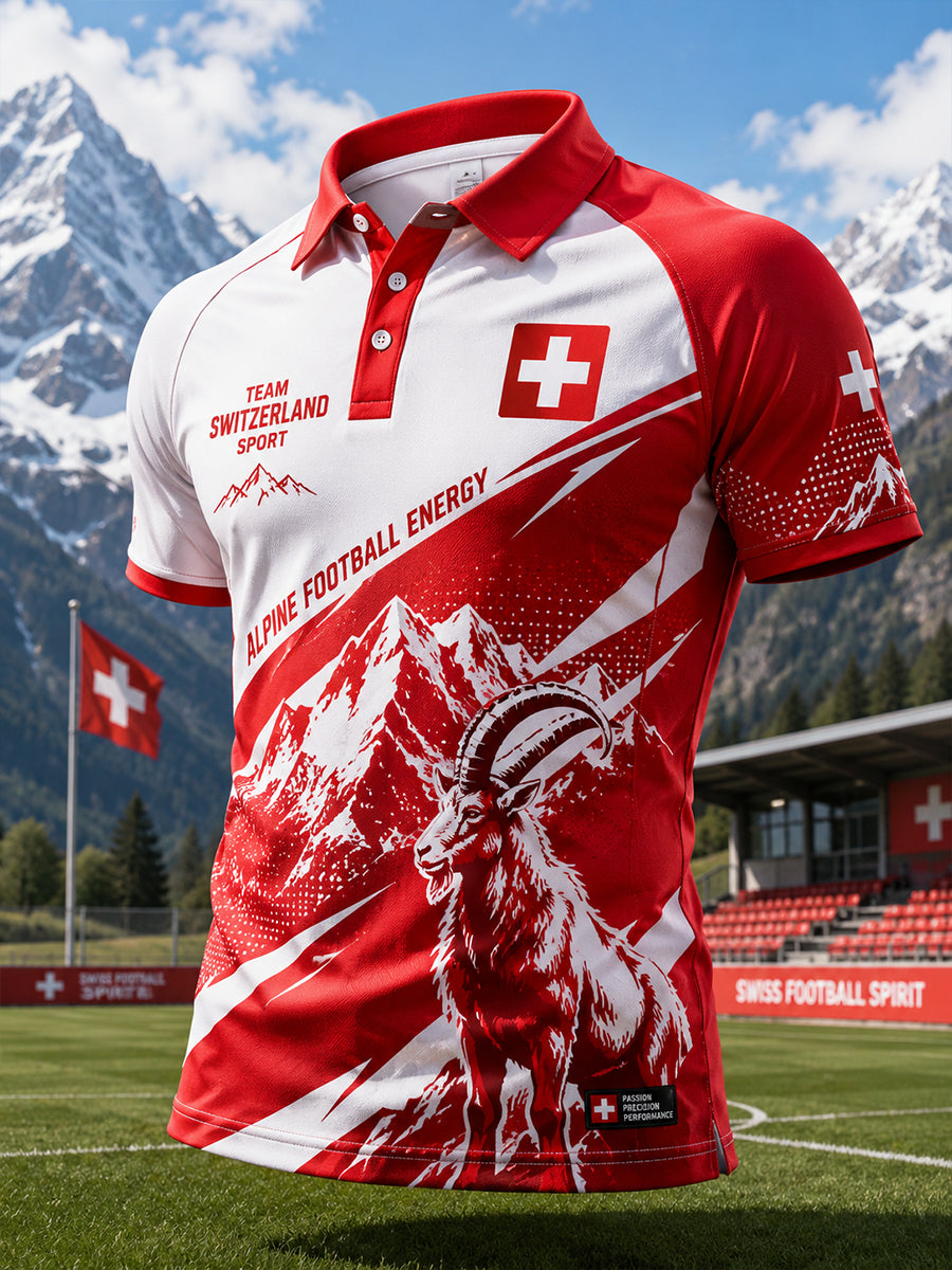 Herren-Poloshirt mit kurzen Raglanärmeln und alpinem, fußballinspiriertem Print