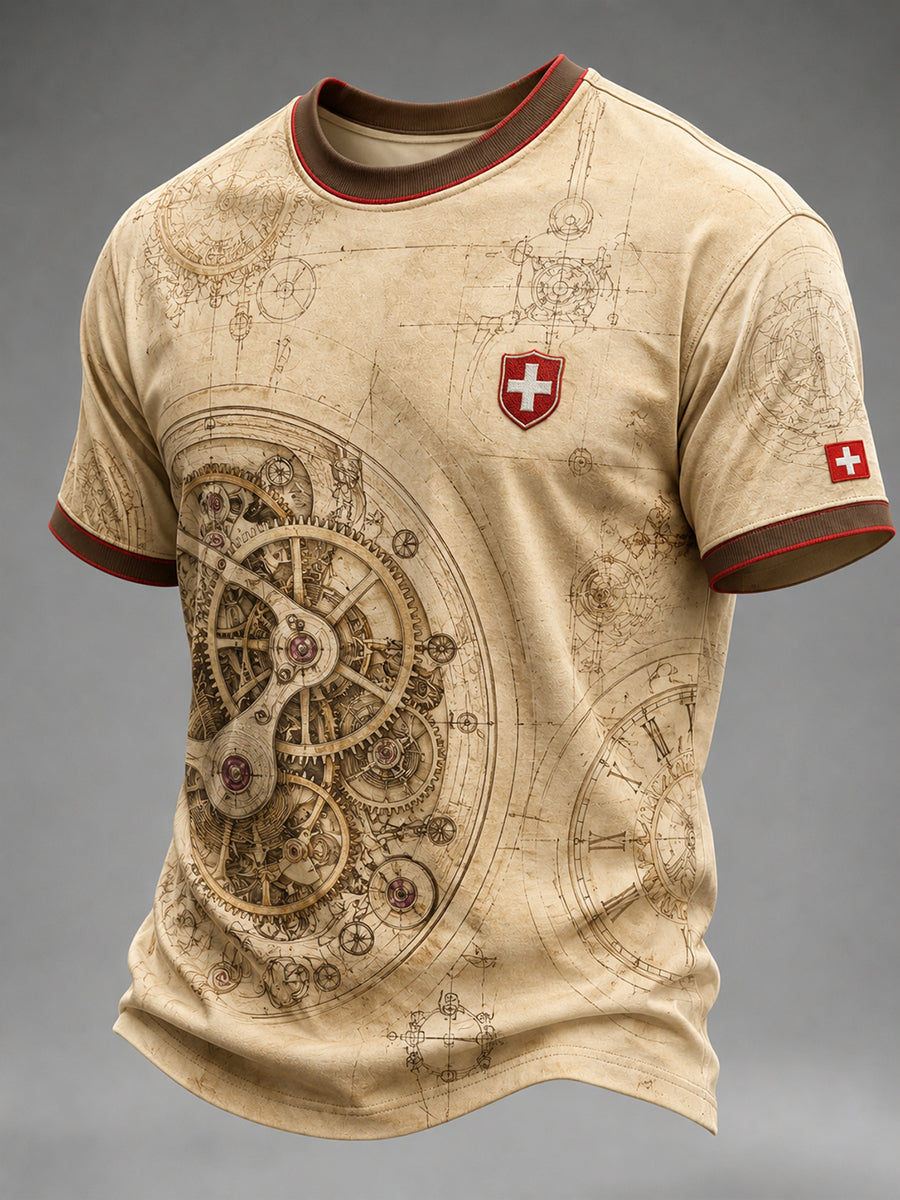 Herren-T-Shirt mit kurzen Ärmeln und Uhrendruck