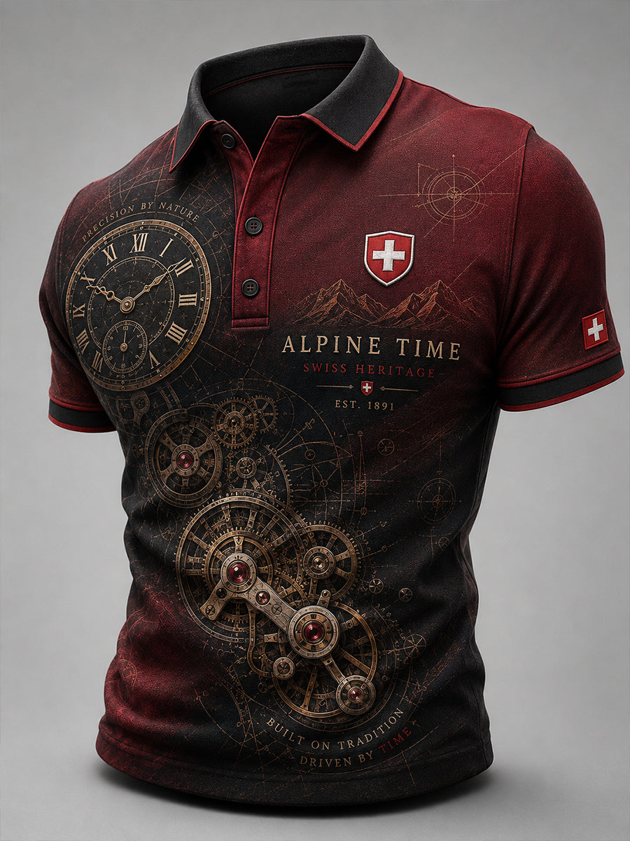 Herren-Poloshirt mit kurzen Ärmeln und Vintage-Uhr-Print