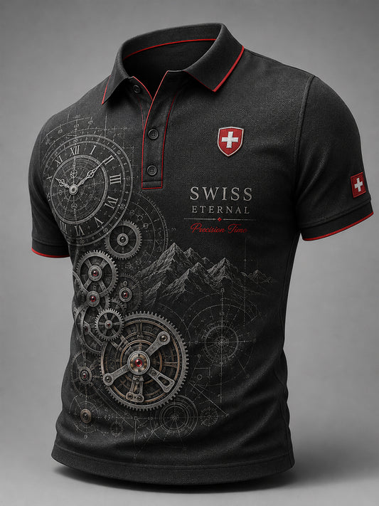 Herren-Poloshirt mit kurzen Ärmeln und Vintage-Uhr-Print