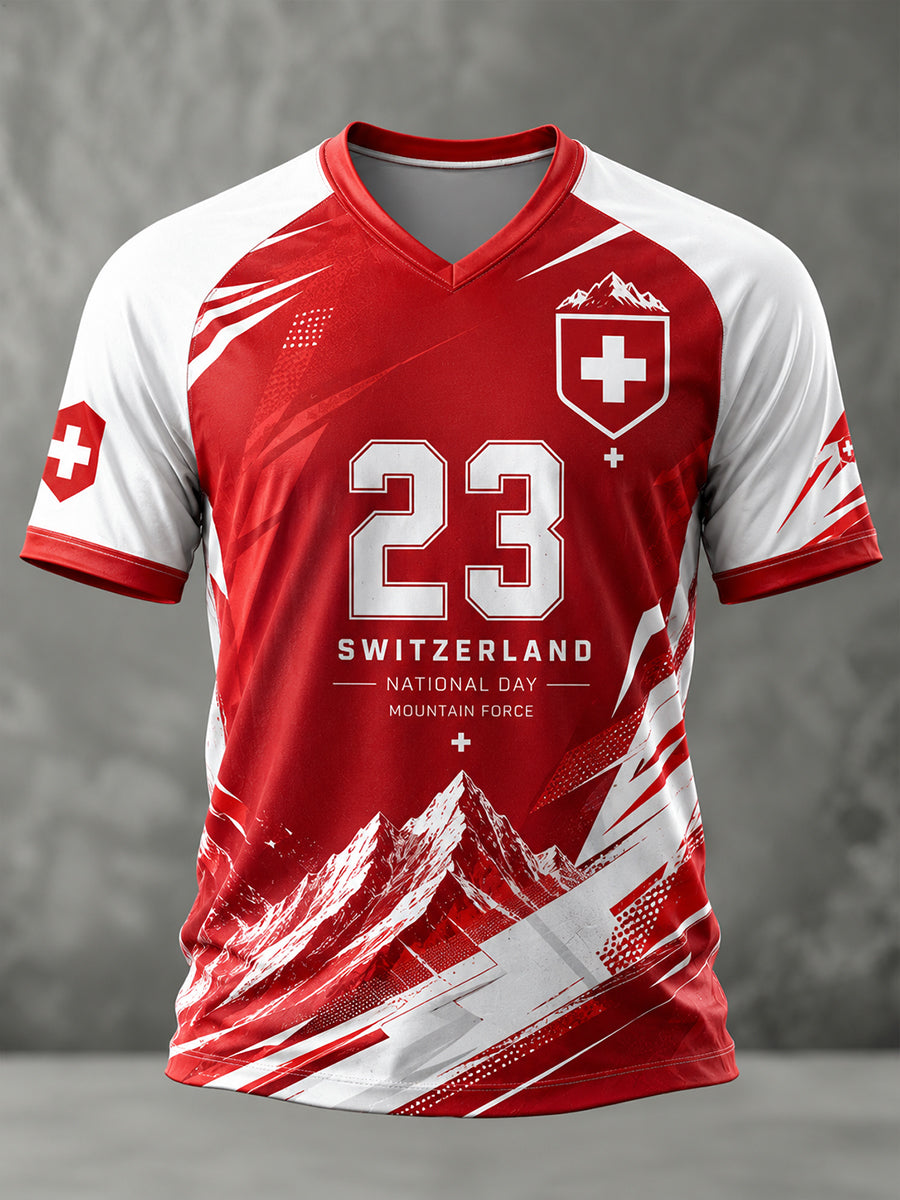 Herren-T-Shirt mit V-Ausschnitt, kurzen Raglanärmeln und nationalen Motiven zum Nationalfeiertag