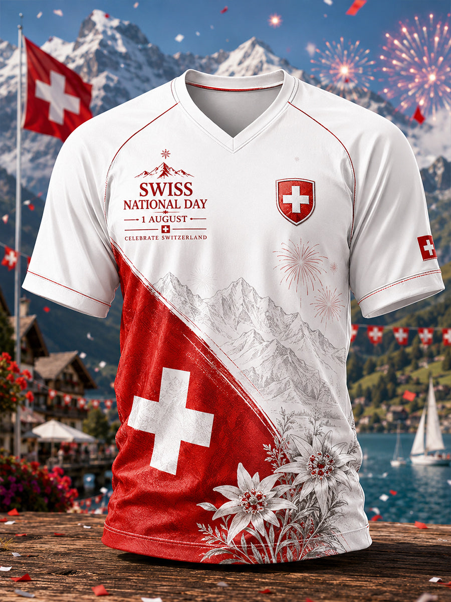Herren-T-Shirt mit V-Ausschnitt, kurzen Raglanärmeln und nationalen Motiven zum Nationalfeiertag