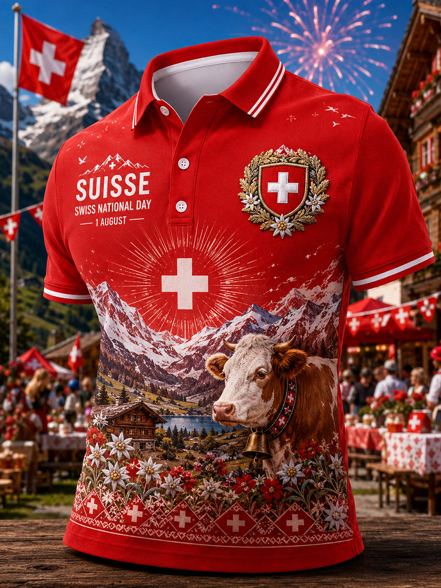 Herren-Poloshirt mit kurzen Ärmeln und Aufdruck zur Feier des Nationalfeiertags