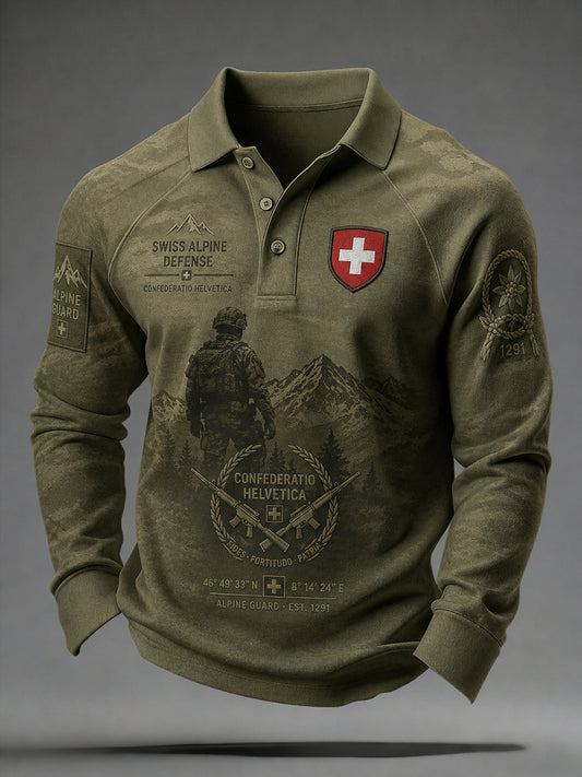 Herren-Vintage-Camouflage-Poloshirt im Militärstil mit Raglanärmeln und Langarm