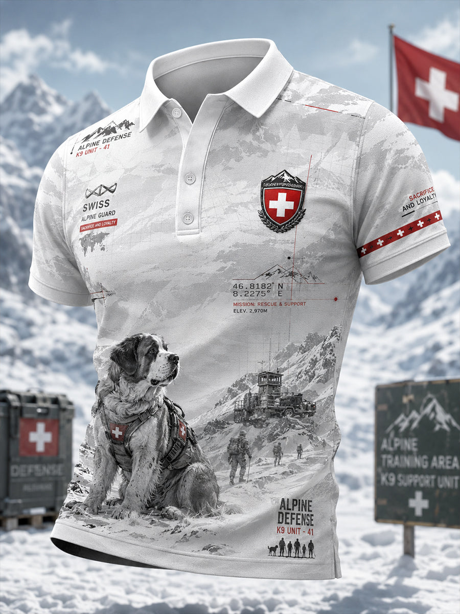Herren-Poloshirt in Vintage-Optik mit kurzen Ärmeln und alpinem, militärinspiriertem Print