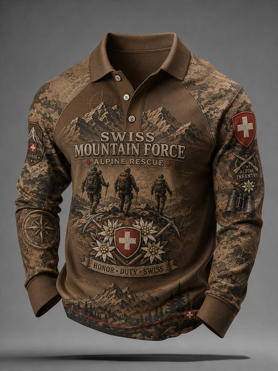 Herren-Vintage-Camouflage-Poloshirt im Militärstil mit Raglanärmeln und Langarm