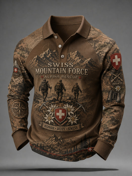 Herren-Vintage-Camouflage-Poloshirt im Militärstil mit Raglanärmeln und Langarm