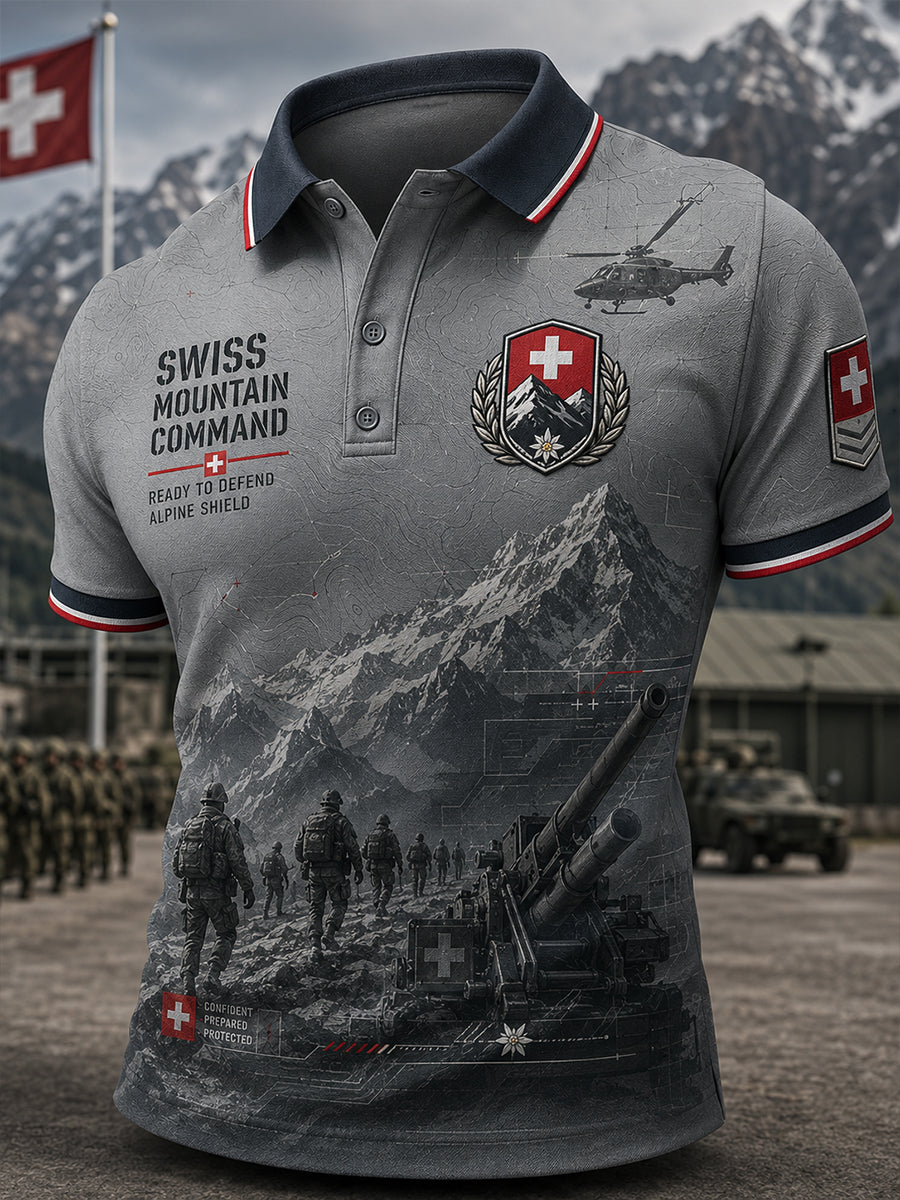 Herren-Poloshirt mit kurzen Ärmeln und Vintage-Print im Militärstil