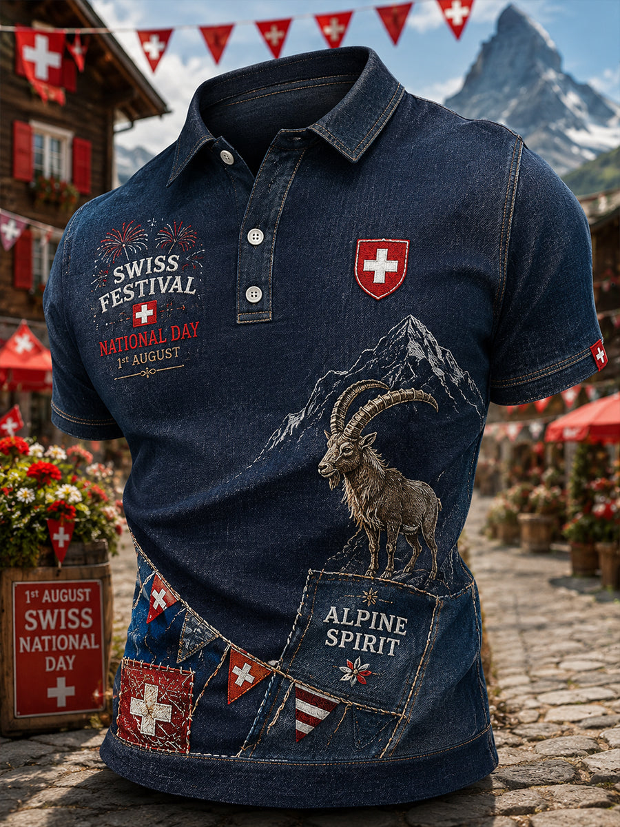 Herren-Poloshirt mit kurzen Ärmeln und Aufdruck zur Feier des Nationalfeiertags