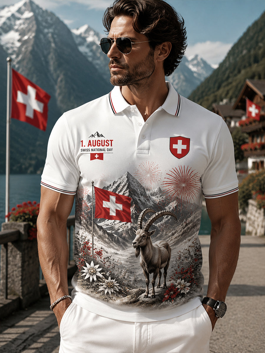 Herren-Poloshirt mit kurzen Ärmeln und Aufdruck zur Feier des Nationalfeiertags