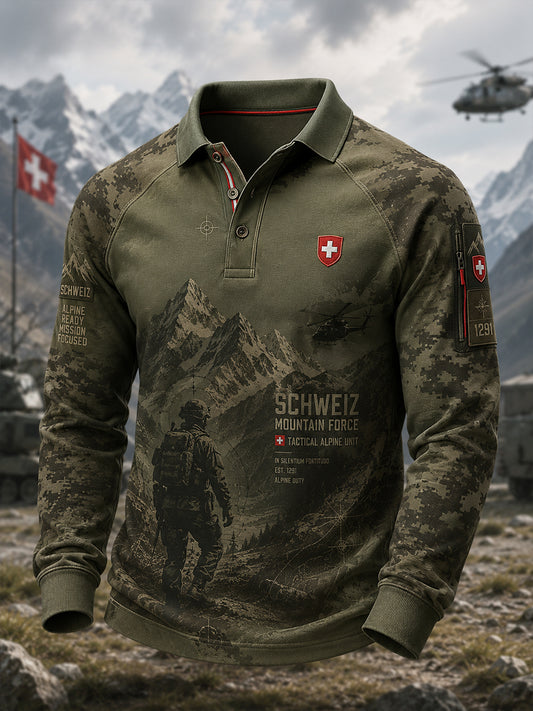 Herren-Poloshirt mit langen Ärmeln und Vintage-Print im Militärstil
