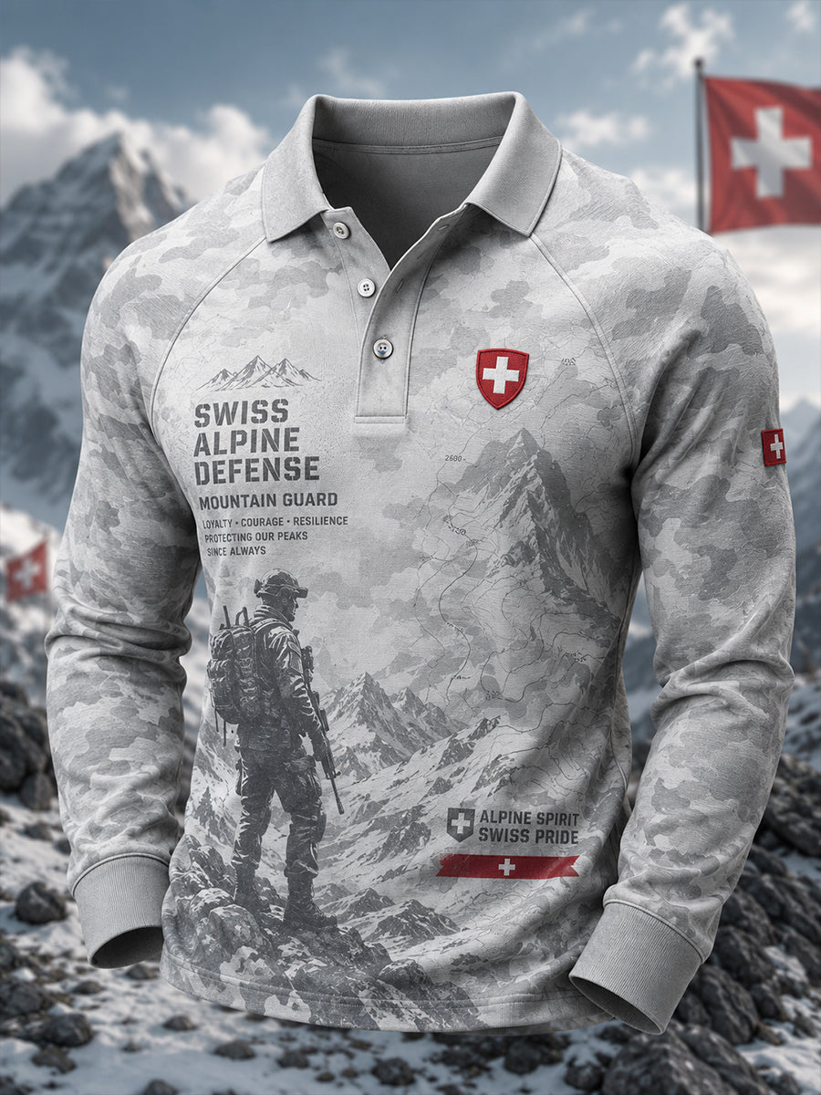Herren-Poloshirt mit langen Ärmeln und Vintage-Print im Militärstil