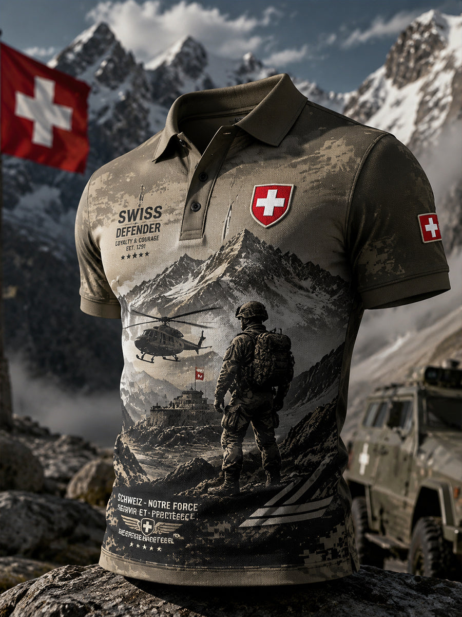 Herren-Poloshirt mit kurzen Ärmeln und Vintage-Print im Militärstil