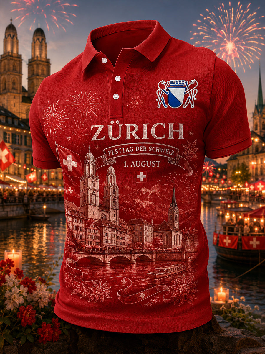 Grafisches Kurzarm-Poloshirt zur Feier des Nationalfeiertags der Männer