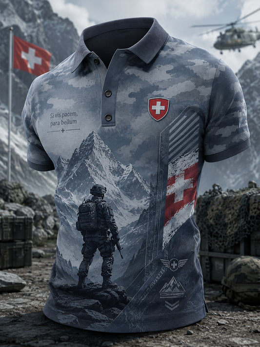 Herren-Poloshirt mit kurzen Ärmeln und militärstilvollem Print