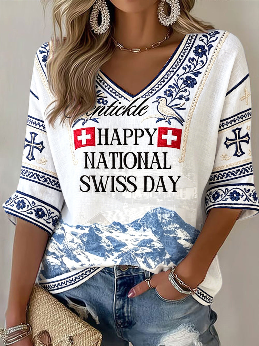 Damen-T-Shirt mit V-Ausschnitt, lässig, mit Schweizer Flagge und schneebedeckten Bergen bedruckt – zum Nationalfeiertag