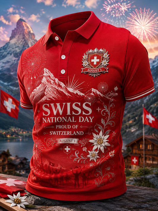 Herren-Poloshirt mit kurzen Ärmeln und Aufdruck zum Nationalfeiertag