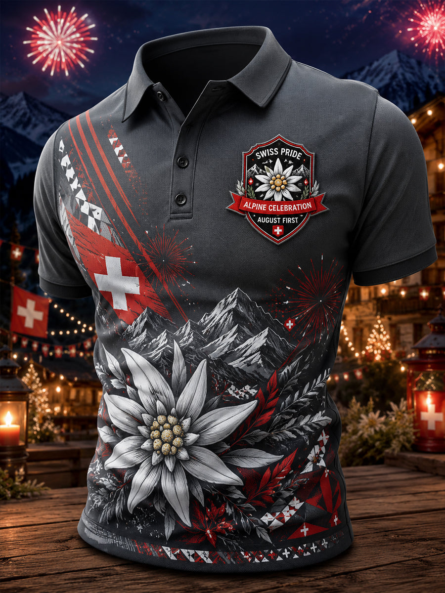 Herren-Poloshirt mit kurzen Ärmeln und Aufdruck zum Nationalfeiertag
