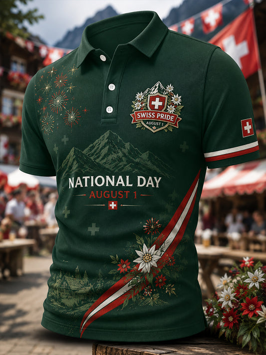 Herren-Poloshirt mit kurzen Ärmeln und Aufdruck zum Nationalfeiertag