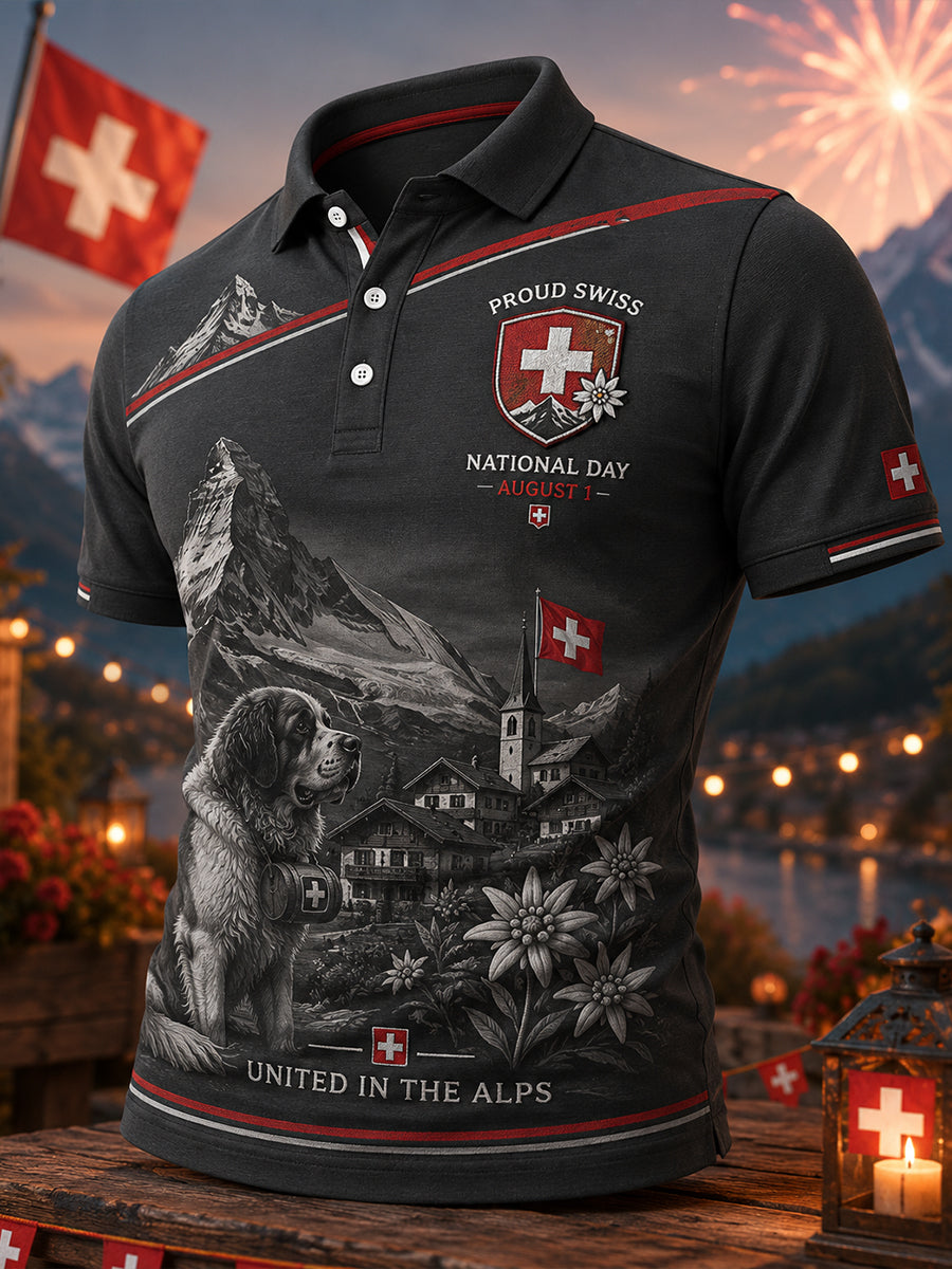 Grafisches Kurzarm-Poloshirt zur Feier des Nationalfeiertags der Männer