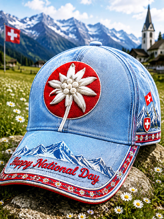Blauer Freizeithut mit Blumenmuster zum Schweizer Nationalfeiertag
