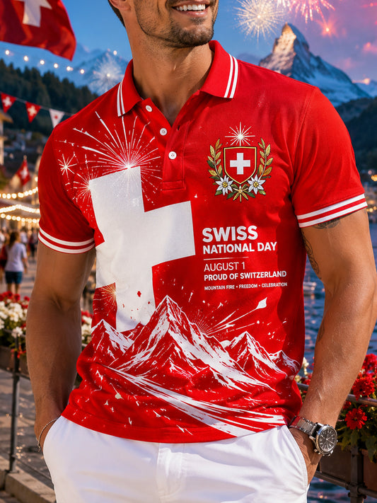 Herren-Poloshirt mit kurzen Ärmeln und Aufdruck zum Nationalfeiertag
