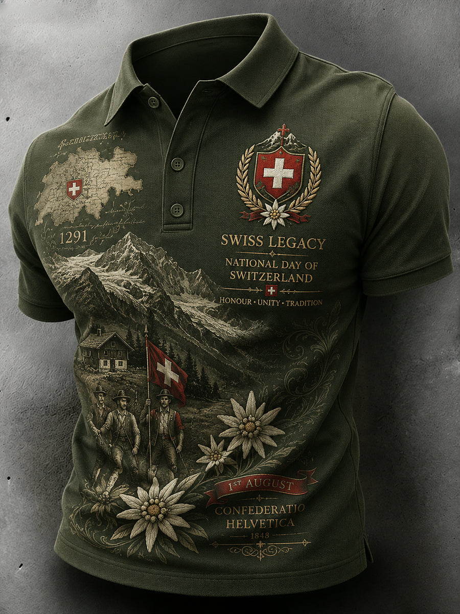 Herren-Poloshirt mit kurzen Ärmeln und Aufdruck zum Nationalfeiertag mit Flaggenmotiv