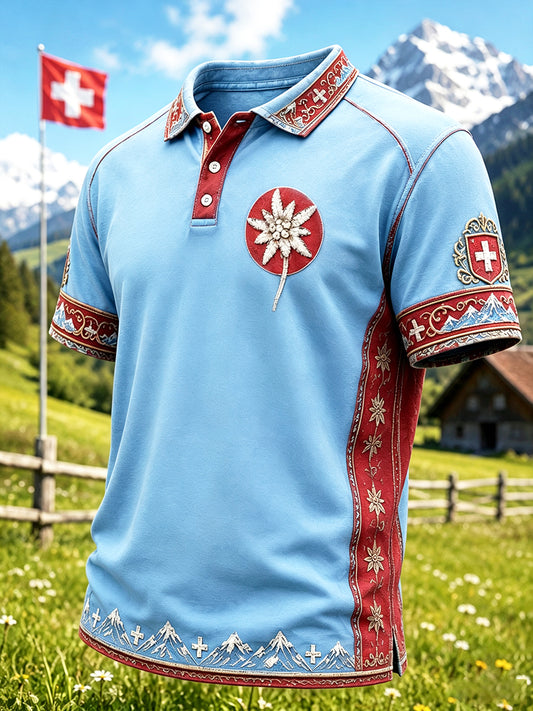 Herren Blau Schweizer National feiertag Blumen druck Freizeit-Polo-Shirt