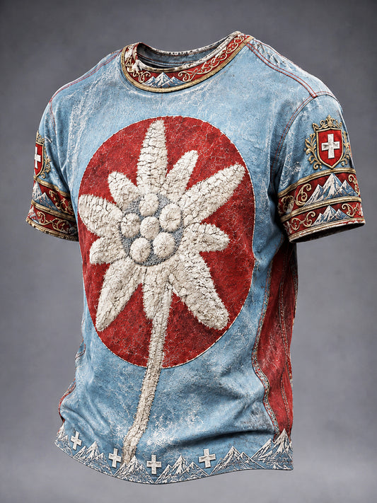 Herren Blau Vintage Schweizer National feiertag Blumen druck Freizeit T-Shirt