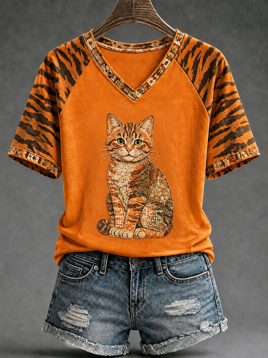 Frauen Herbst Katze Print T-Shirt