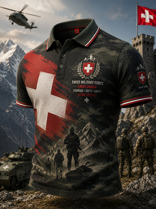 Herren-Poloshirt mit kurzen Ärmeln und Vintage-Print im Militärstil