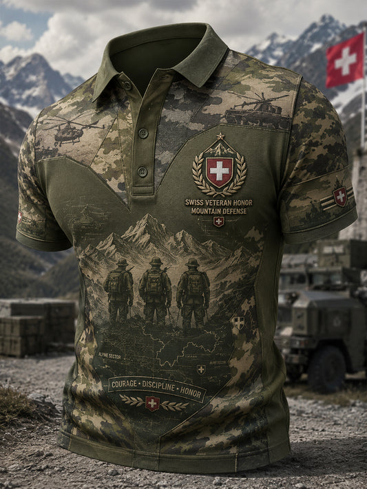 Herren-Poloshirt mit kurzen Ärmeln und Vintage-Print im Militärstil