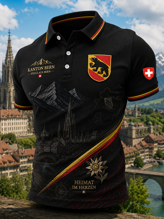 Herren-Poloshirt mit kurzen Ärmeln und urbanem, erinnerungsträchtigem Grafikdruck