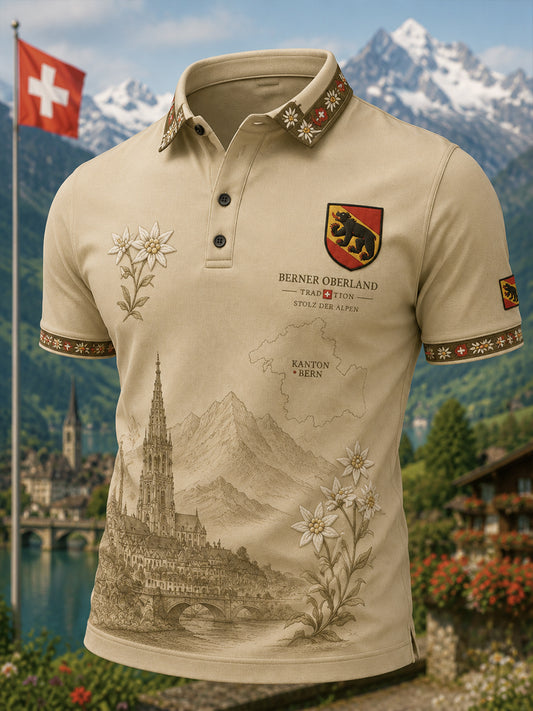 Herren-Poloshirt mit kurzen Ärmeln und Vintage-Print im Stil eines Städte-Souvenirs
