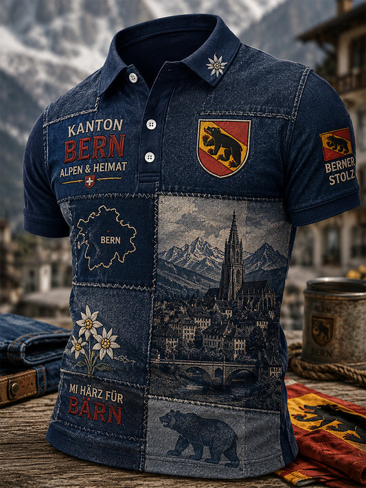 Herren-Poloshirt mit kurzen Ärmeln und Vintage-Print im Stil eines Städte-Souvenirs