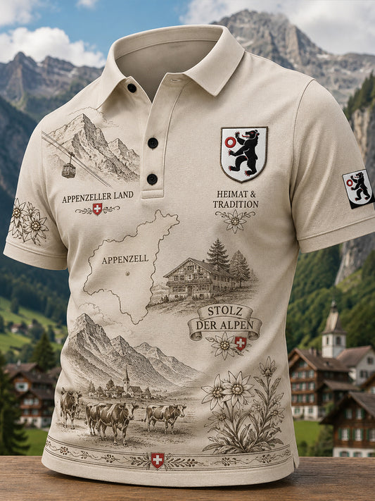 Herren-Poloshirt mit kurzen Ärmeln und Vintage-Print im Stil eines Städte-Souvenirs