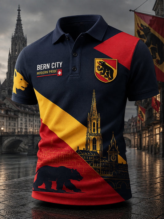 Herren-Poloshirt mit kurzen Ärmeln und grafischem Städte-Souvenir-Print