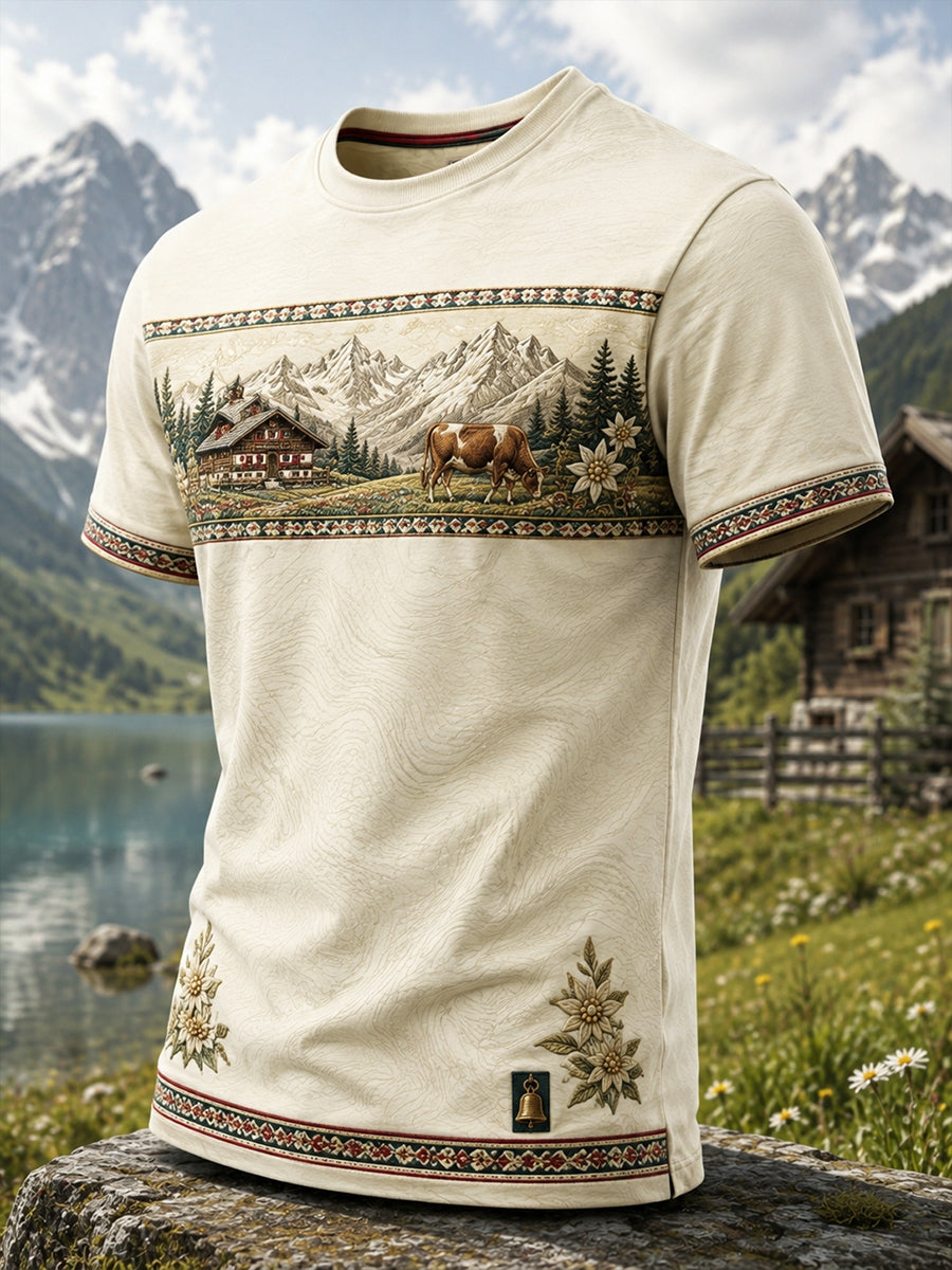 Herren-Artprint-T-Shirt zum Gedenken an das Schweizer Alpkuhhirtenfest in den Alpen