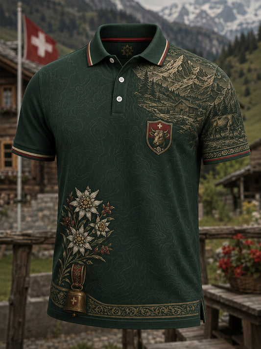 Herren-Polo mit Kunstdruck zum Gedenken an das Schweizer Alpen-Hirtenfest