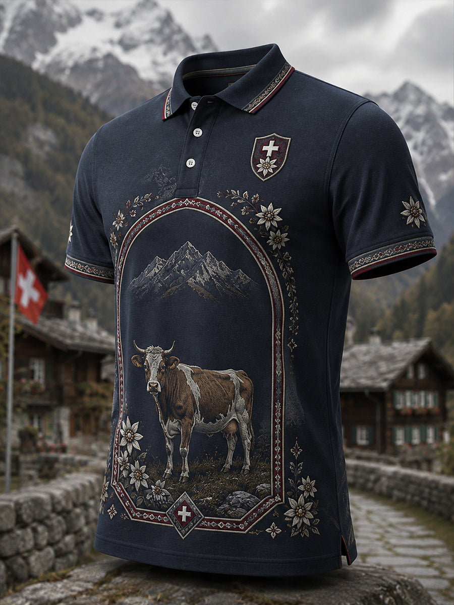 Herren-Polo mit Kunstdruck zum Gedenken an das Schweizer Alpen-Hirtenfest