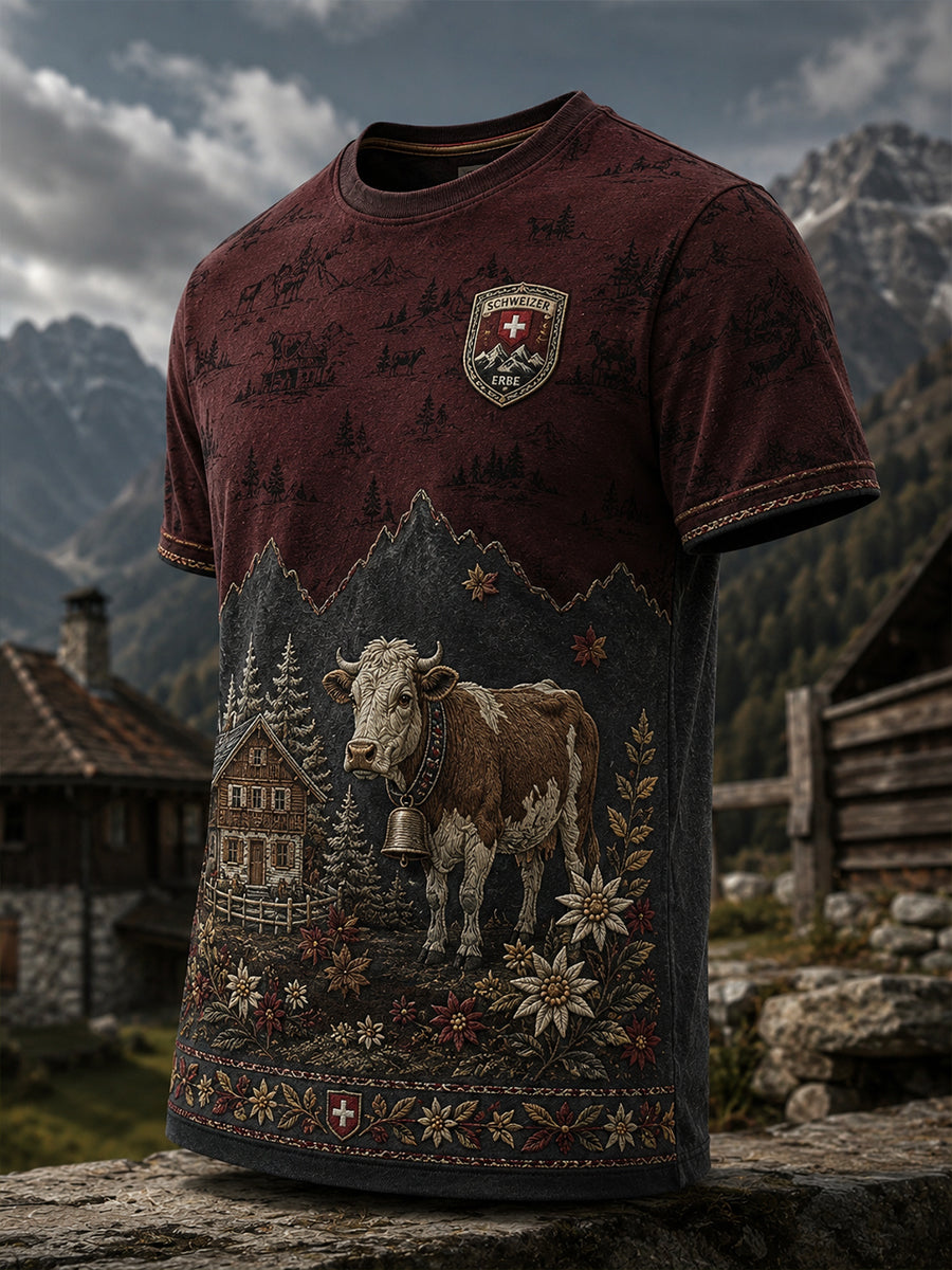 Herren-Artprint-T-Shirt zum Gedenken an das Schweizer Alpkuhhirtenfest in den Alpen