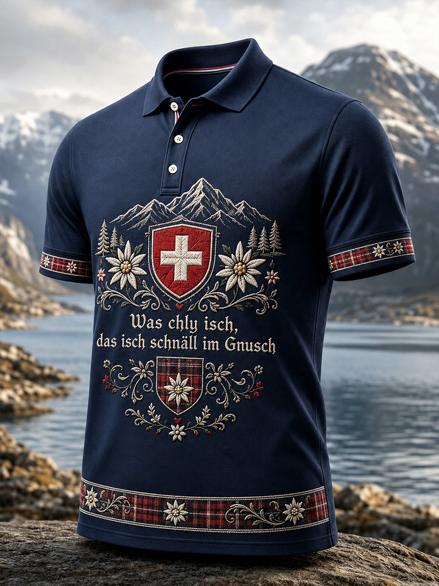 Herren-Polo mit Schweizerdeutschem Spruch, Serie Kulturelles Element, Kunstdruck