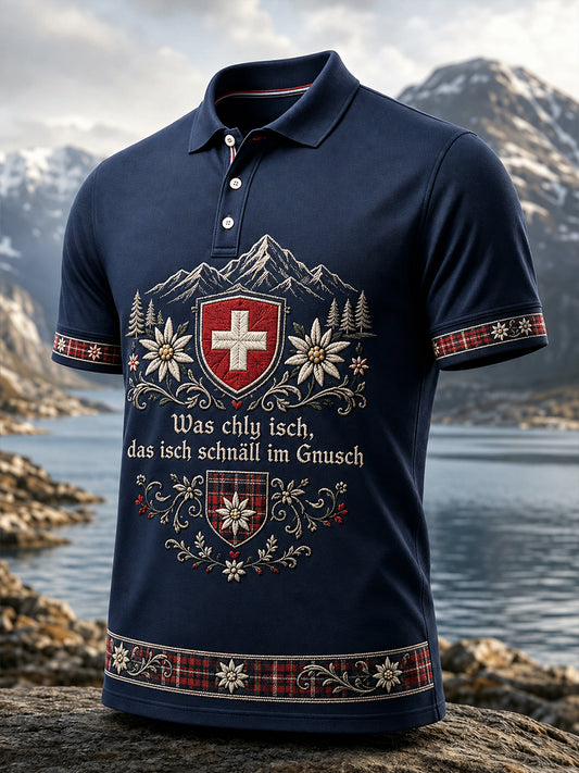 Herren-Polo mit Schweizerdeutschem Spruch, Serie Kulturelles Element, Kunstdruck