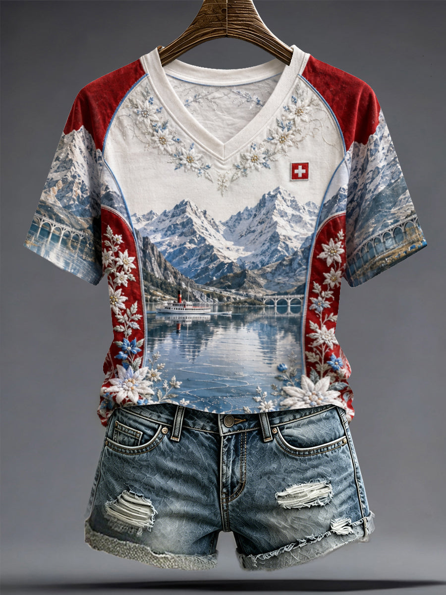 Damen Schweizer Edelweiss Kunst bedrucktes T-Shirt