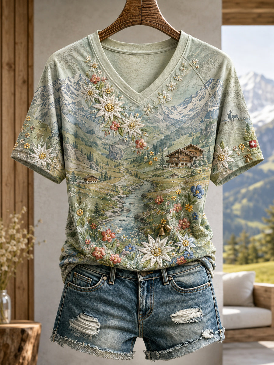 Damen-T-Shirt mit Edelweiß-Kunstdruck aus der Schweiz
