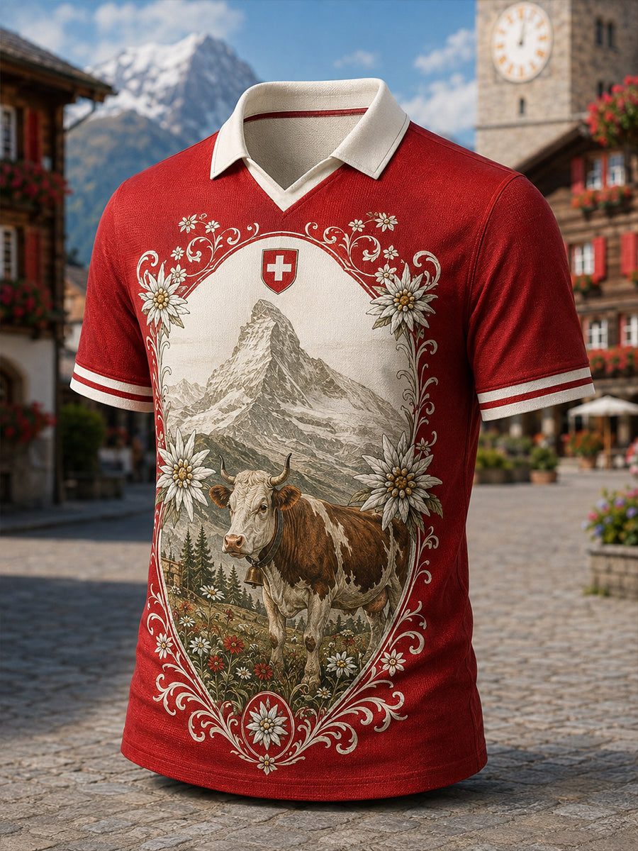 Kultursymbole des Schweizerischen Hirtenfestes für Herren – Künstlerischer Aufdruck auf lässigem T-Shirt