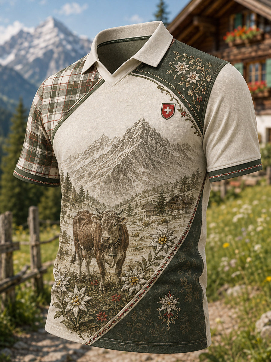 Kultursymbole des Schweizerischen Hirtenfestes für Herren – Künstlerischer Aufdruck auf lässigem T-Shirt