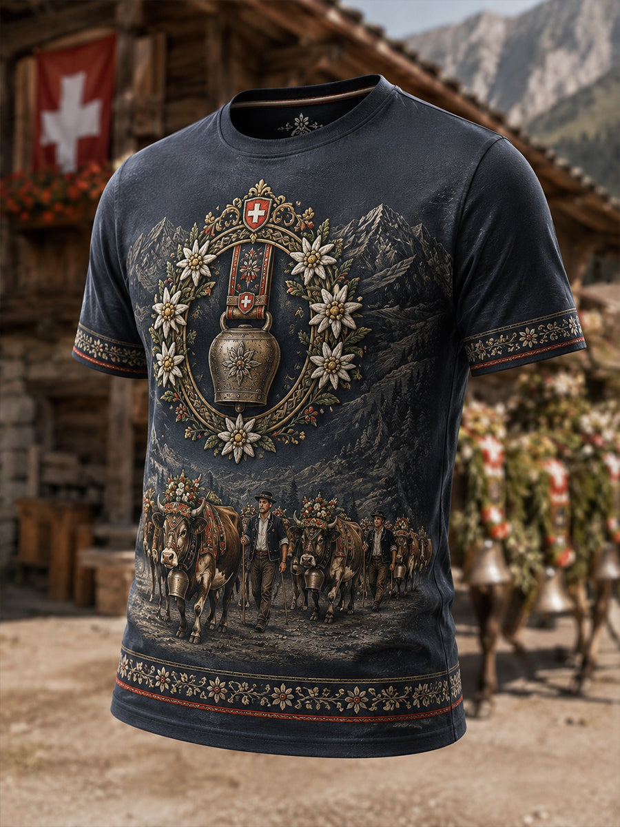 Kultursymbole des Schweizerischen Hirtenfestes für Herren – Künstlerischer Aufdruck auf lässigem T-Shirt
